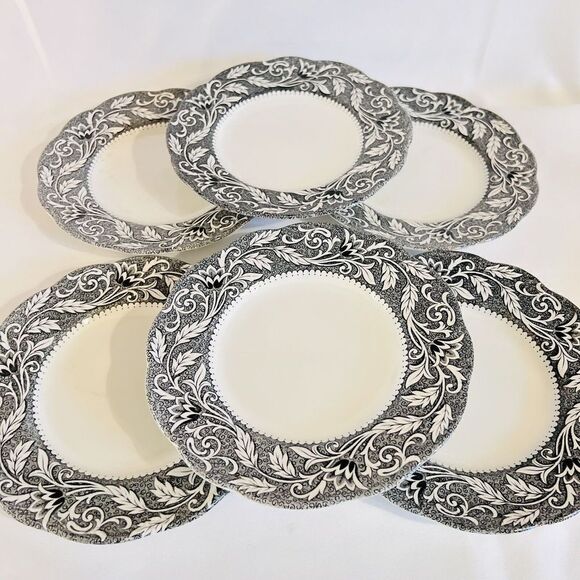 6 J.G. Meakin English Ironstone Sterling Renaissance Black 7" Dessert Plates - Picture 3 of 9